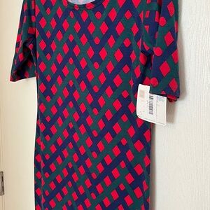 NWT Lularoe Julia dress size small. Green, red, and blue color pattern.